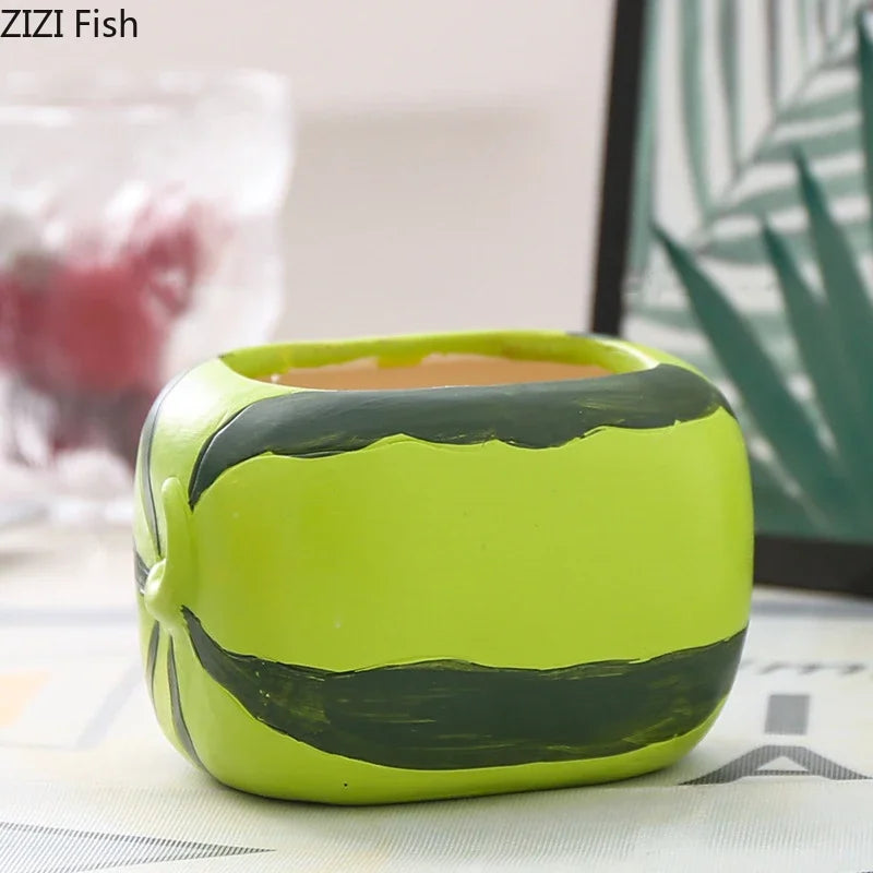 Afralia™ Watermelon Shape Vase Green Plant Pot Cartoon Fruits Room Decor