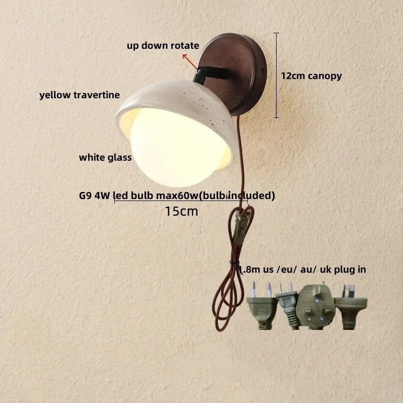 Afralia™ Yellow Travertine LED Wall Light with Pull Chain Switch, Nordic Modern Glass Wood Lamp