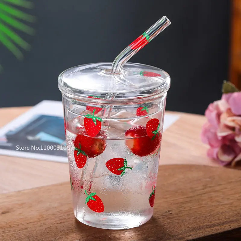 Afralia™ Strawberry Glass Cup 300/350ml Heat Resistant with Lip, Straw, Cute Design