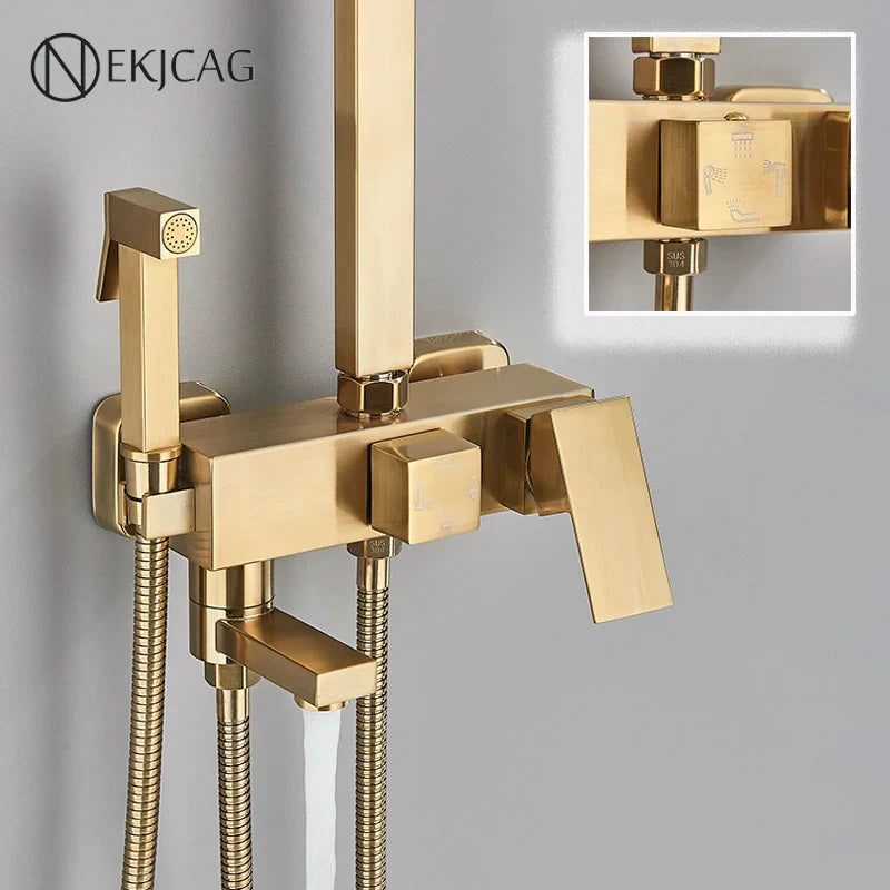 Afralia™ Brushed Gold Shower Faucet Set: Adjustable Height 4-Function Mixer Bathtub Tap