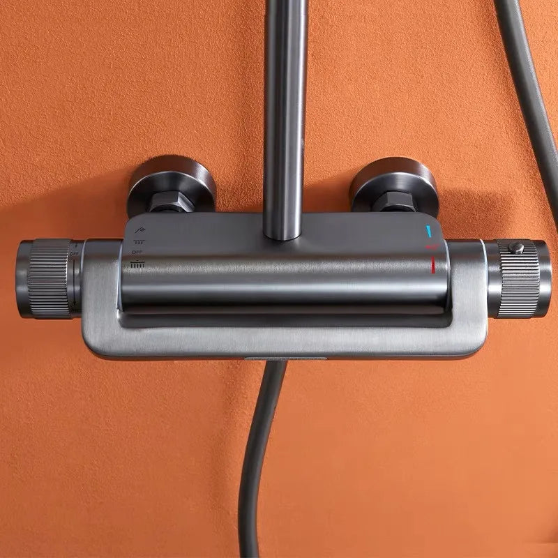 Afralia™ Gray Thermostatic Shower Faucet Set: Brass Rainfall Waterfall Bath and Shower