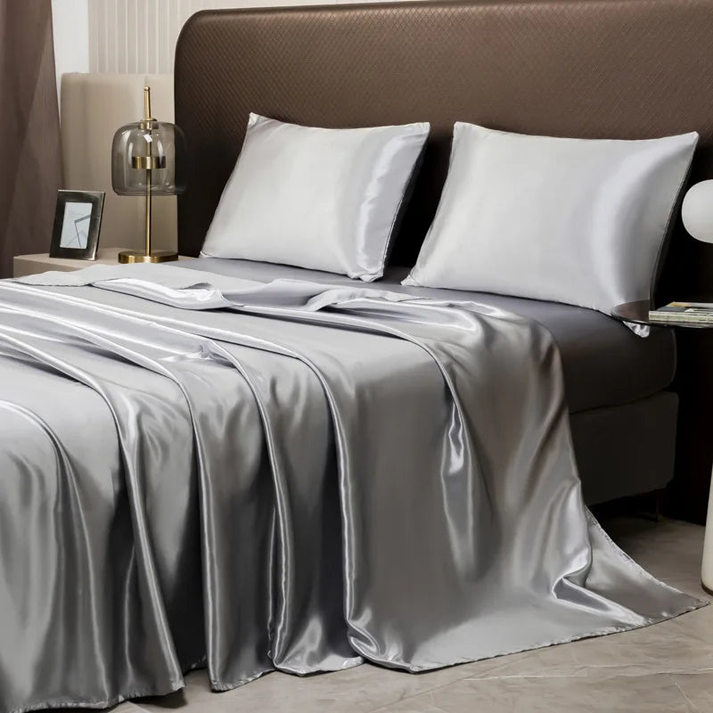 Afralia™ Satin Flat Sheet and Pillowcase Set | Silky Solid Color Bedding for Full Queen King Size