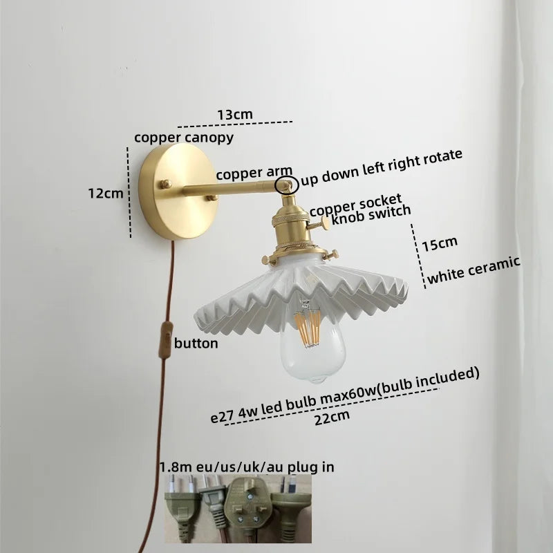 Afralia™ Copper Glass LED Wall Sconce Pull Chain Switch Modern Stair Light Fixtures