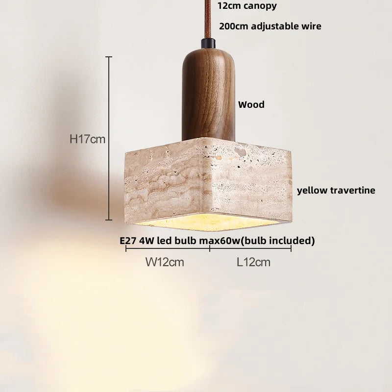 Afralia™ Wabi Sabi LED Pendant Light - Yellow Travertine Brown Wood - Modern Stone Hang Lamp