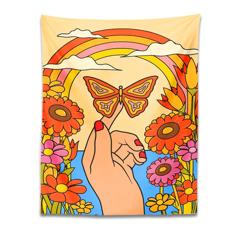 Afralia™ Butterfly Rainbow Tapestry Wall Hanging: 70s Vintage Retro Flower Child Psychedelic Art