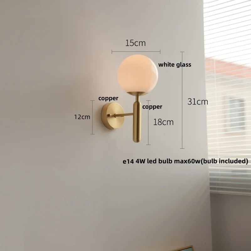 Afralia™ White Glass LED Wall Sconce with Pull Chain Switch, Modern Copper Base Mirror Light