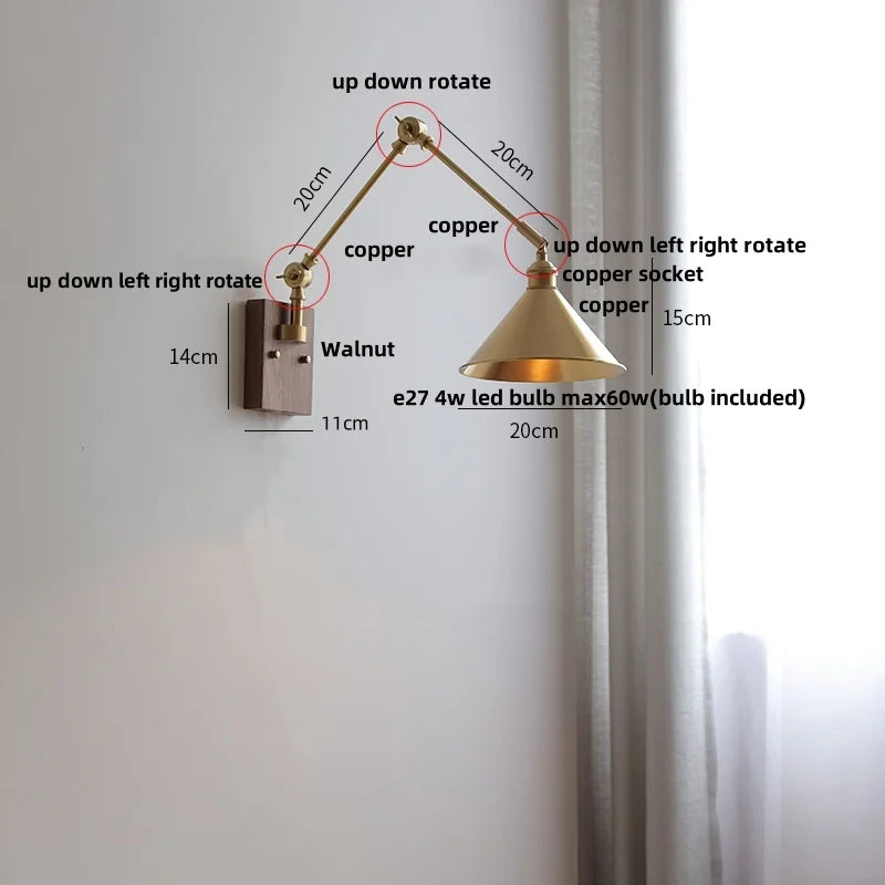 Afralia™ Walnut Copper Swing Arm LED Wall Light Fixture for Nodic Home Decor