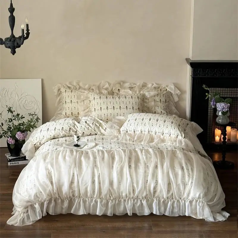 Afralia™ Vintage French Rose Print Princess Bedding Set with Lace Ruffles