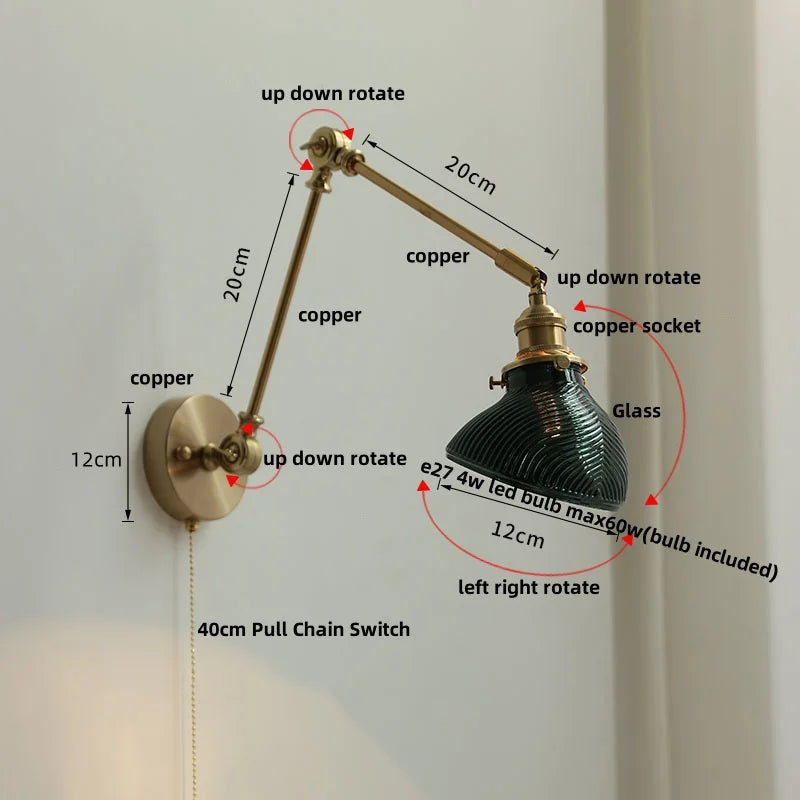 Afralia™ Nordic Green LED Swing Arm Wall Lamp Sconce Glass Walnut Wood Mirror Light