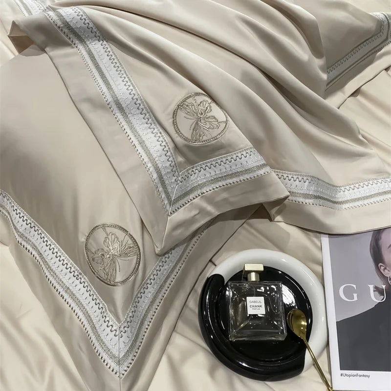 Afralia™ Luxury Butterfly Embroidery Champagne 4Pcs Bedding Set with Duvet Cover, Bed Sheet & Pillowcases