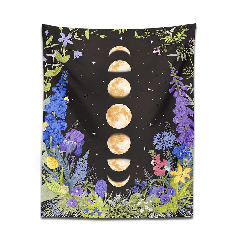 Afralia™ Moon Phase Purple Plant Star Floral Wall Tapestry