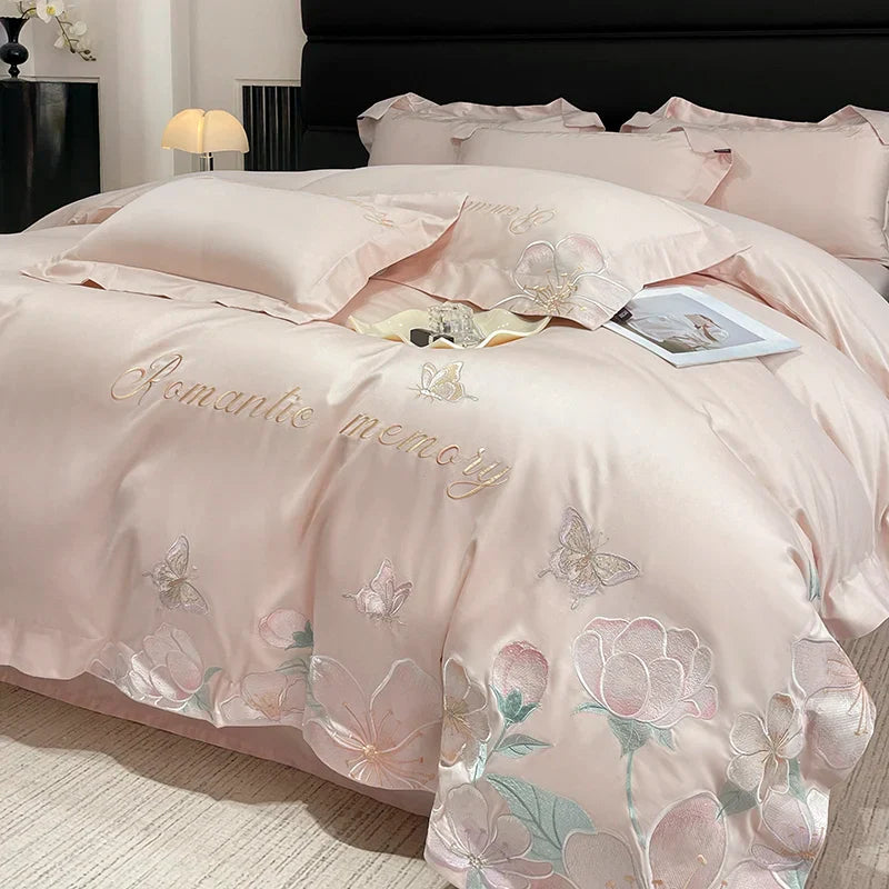Afralia™ Embroidered Flowers Butterfly Bedding Set - 4Pcs