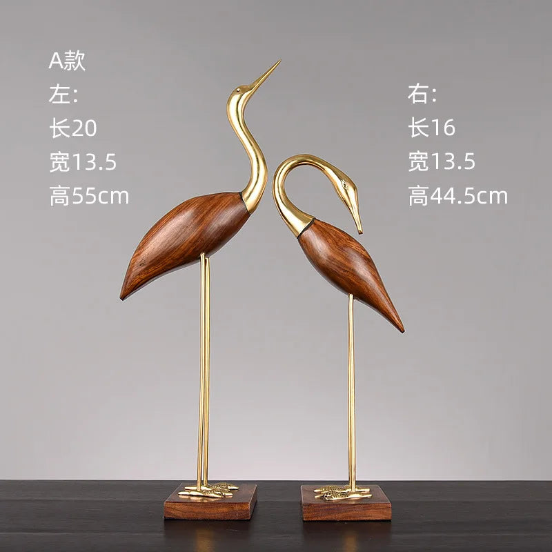 Afralia™ Wooden Crane Swan Brass Sculpture Home Decor Figurine