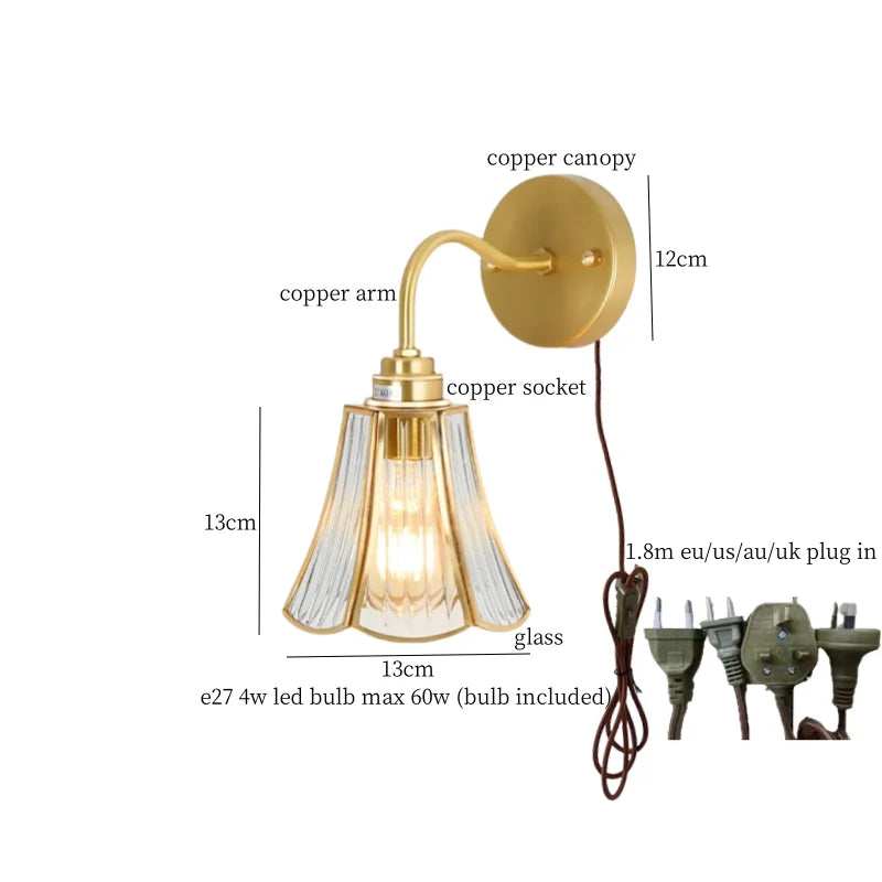 Afralia™ Hexagonal Glass LED Wall Lamp Vintage Copper Pull Chain Switch for Living Room
