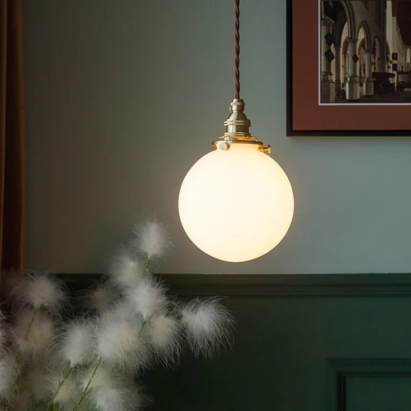 Afralia™ Cream Glass Ball LED Pendant Light for Kitchen Living Room Nordic Vintage Copper