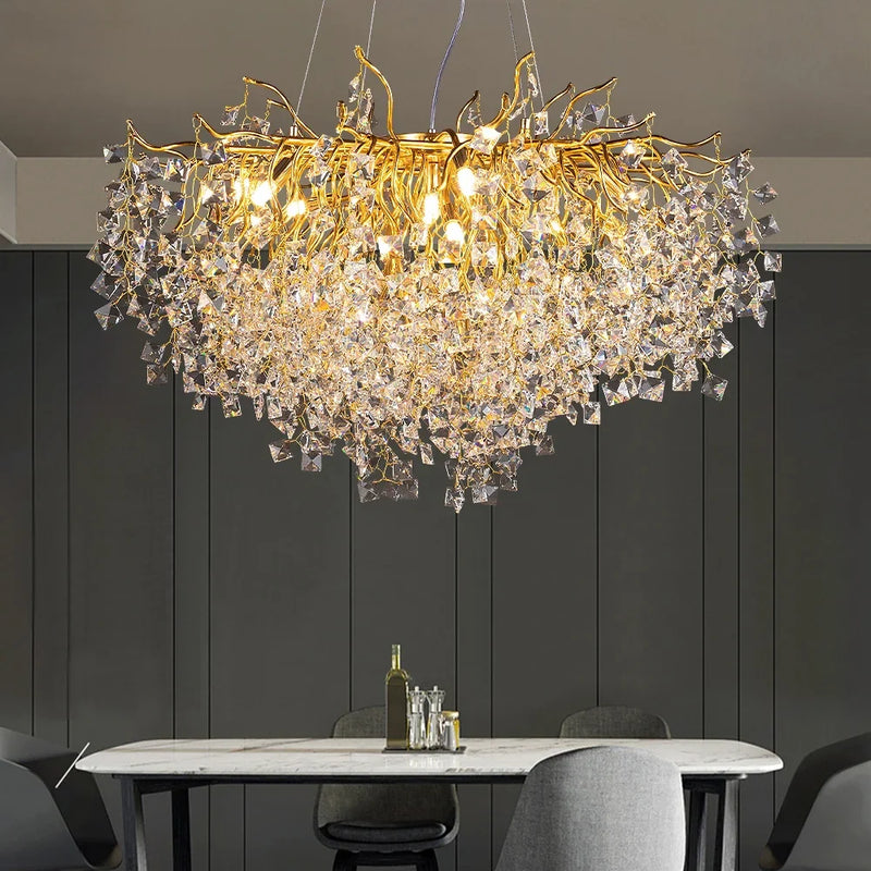 Afralia™ Gold Crystal Chandelier LED Round Light Island Branch Chandelier