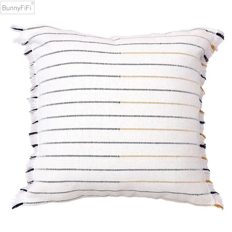 Afralia™ Handmade Cotton Woven Cushion Tassels - Ivory Black Yellow Stripe Home Decor