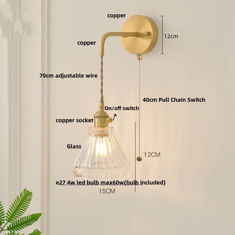 Afralia™ Nordic Glass Wall Lights LED Sconce Pull Chain Switch Adjustable Wire Bedside Lamp