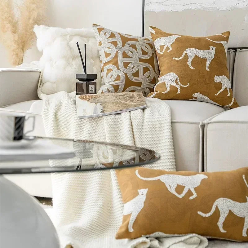 Afralia™ Geometric Jacquard Cushion Cover - Brown Coffee Color Light Luxury Modern Decor Pillows