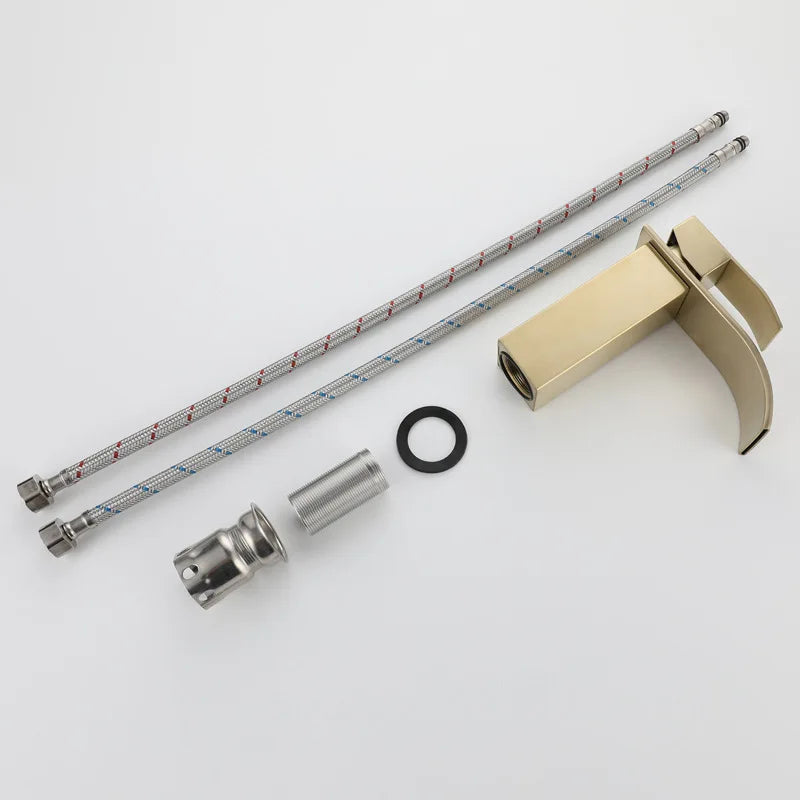 Afralia™ Brushed Gold Stainless Steel Basin Faucet Deck Mounted Hot Cold Mixer Tap