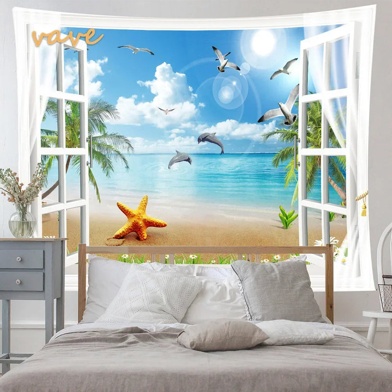 Scenic Sunset Palm Tree Tapestry by Afralia™ - Boho Beach Landscape Bedroom Decor