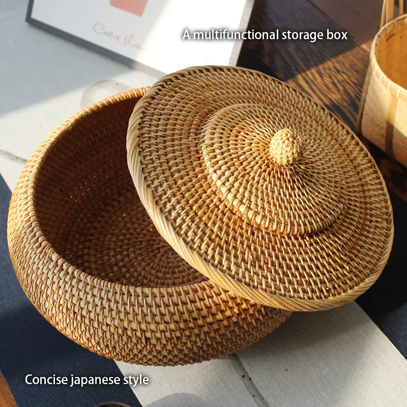 Afralia™ Handwoven Rattan Storage Box With Lid - Kitchen Food Container & Home Organizer