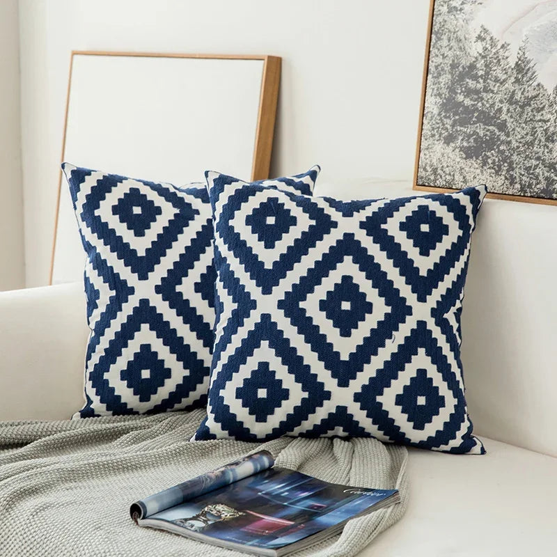 Afralia™ Navy Blue/White Geometric Floral Embroidered Cotton Cushion Cover 45x45cm