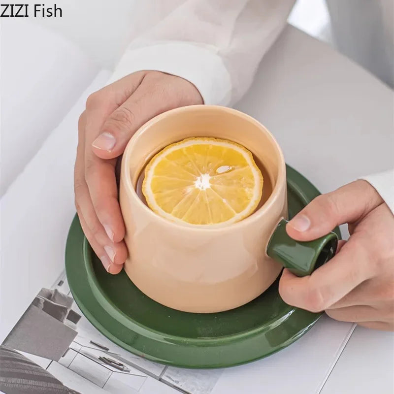 Afralia™ Minimalist Green Ceramic Tea Cup and Saucer Set - Coffee & Tea Mug