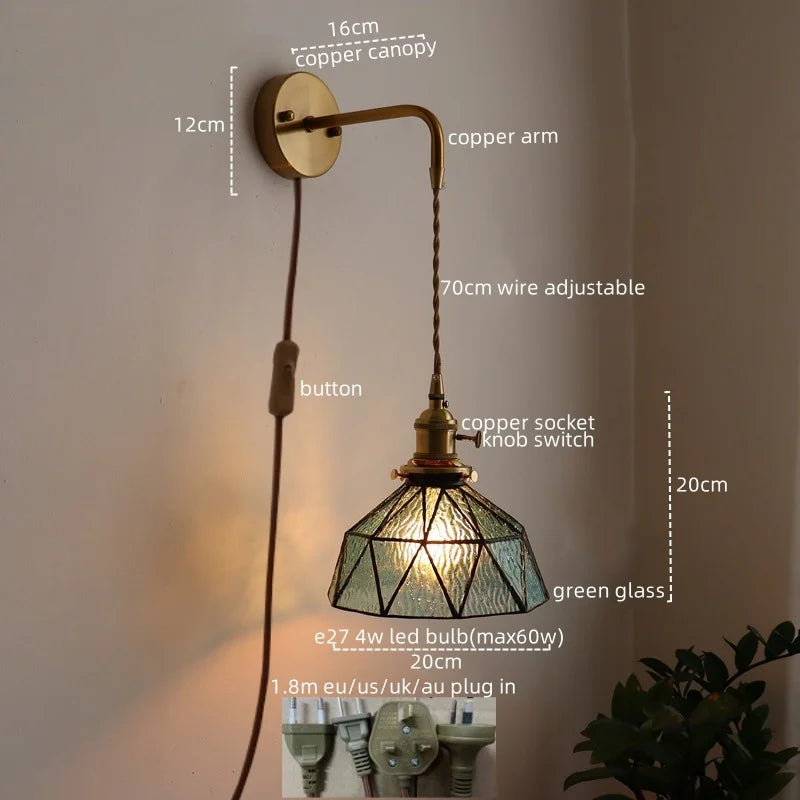 Afralia™ Copper Glass Pull Chain LED Wall Sconce for Indoor Living Room Stairway Lighting