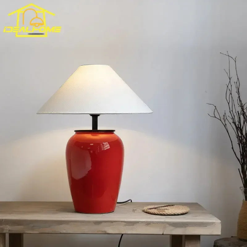 Afralia™ Red Ceramic Table Lamp LED E27 Fabric Lampshade - Art Decor for Home Decor
