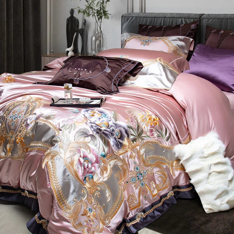 Afralia™ Pink Purple Embroidery European Palace Bedding Set - 9Pcs Premium Egyptian Cotton