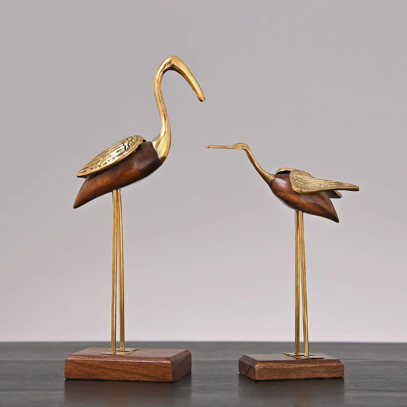 Afralia™ Wooden Crane Swan Brass Sculpture Home Decor Figurine
