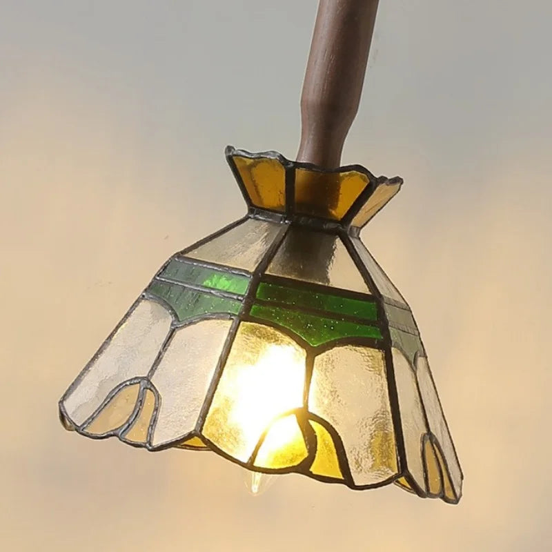 Afralia™ Tiffany Style Glass LED Pendant Lights with Walnut Wood and Adjustable Wire