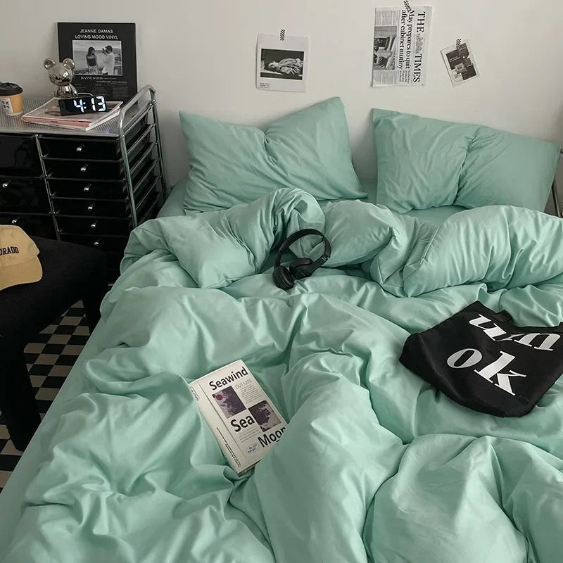 Afralia™ Washed Cotton Bed Set - Soft & Breathable 4-Piece Solid Color Duvet Cover Bed Sheet