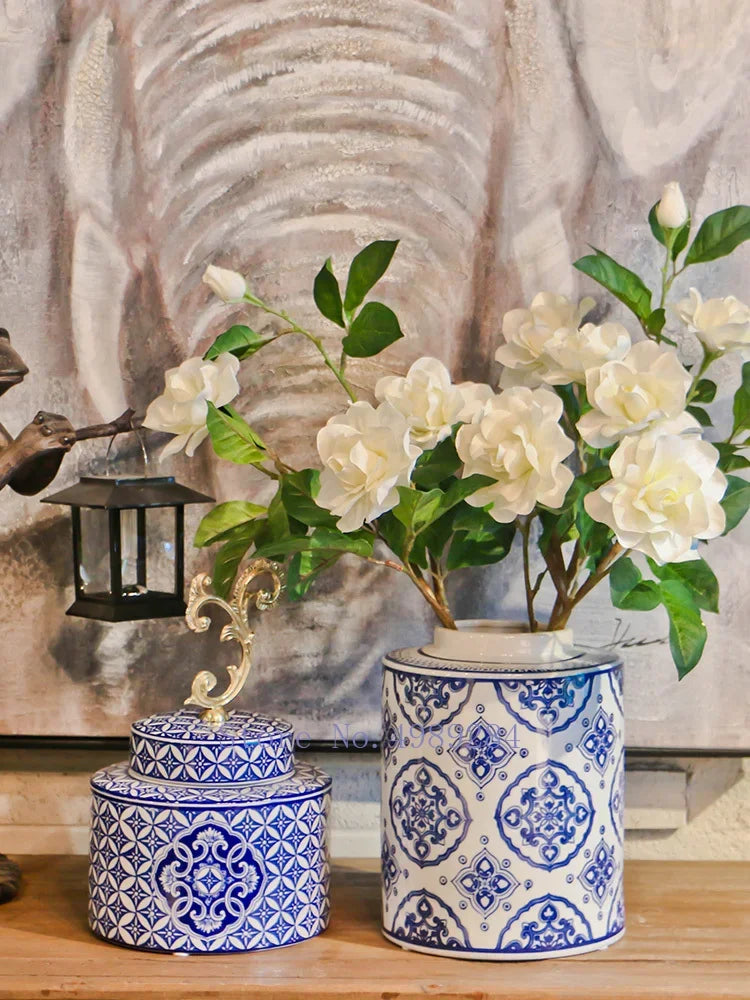 Afralia™ Blue & White Porcelain Covered Vase Jar: Retro Chinese Home Decor Flower Arrangement & Organization