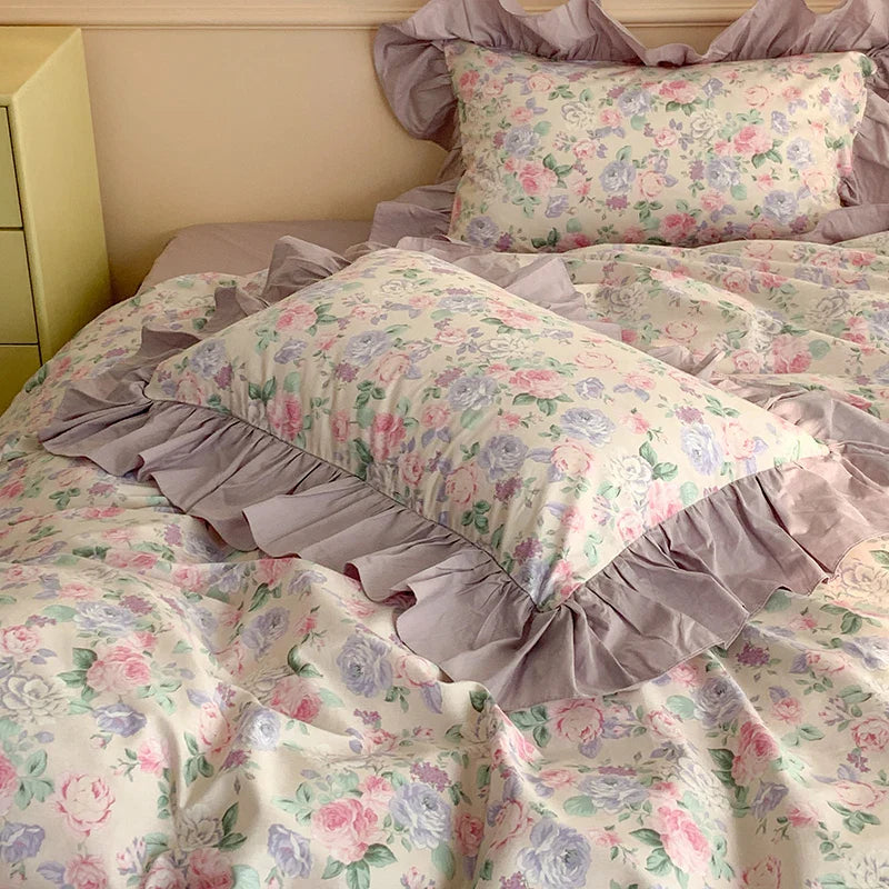 Afralia™ French Floral Cotton Bedding Set with Big Lace Ruffles, Fresh Flowers