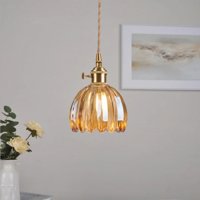 Afralia™ Retro Flower Glass Copper Pendant Lamp: Nordic LED Light for Bedroom Decor