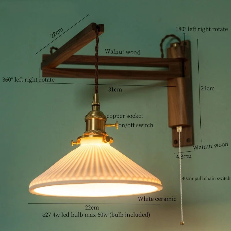 Afralia™ Nordic Ceramic LED Wall Light - Stretchable Folding Walnut Wood Loft Bedside Lamp