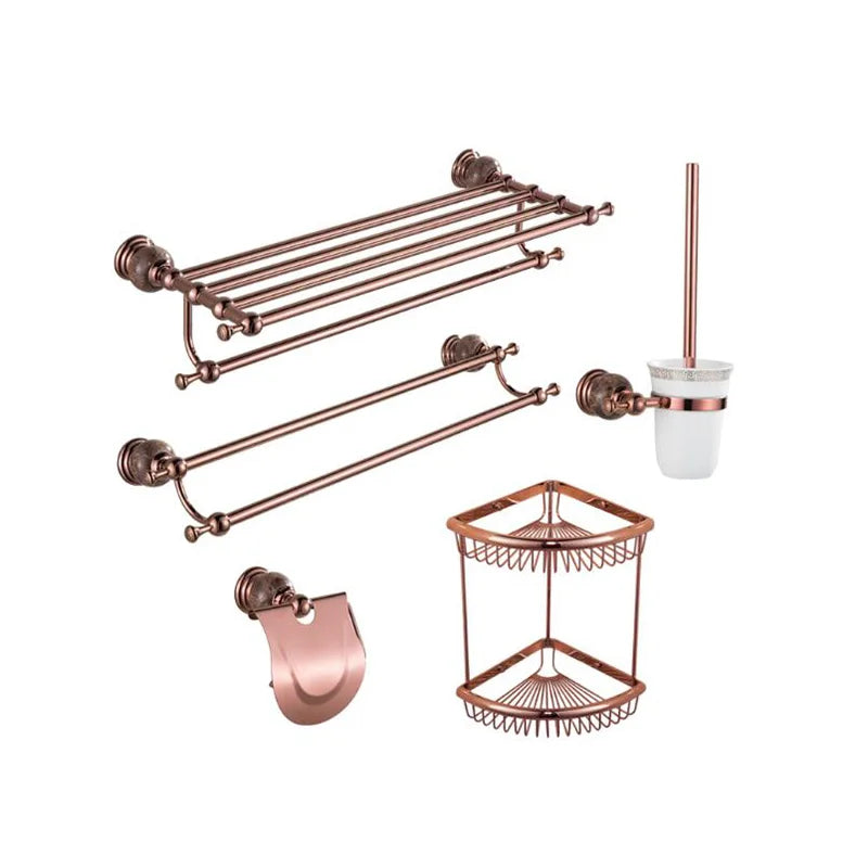 Afralia™ Brass & Jade Rose Gold Bathroom Set: Paper Holder, Towel Bar, Soap Basket