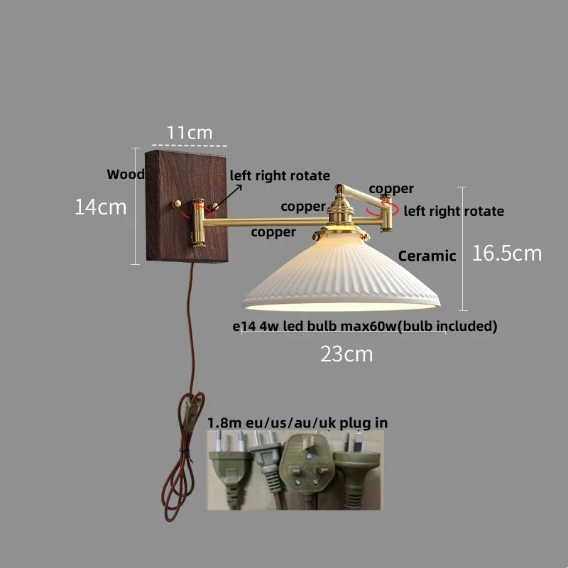 Afralia™ Wood Swing Arm LED Wall Light - Rotatable Bedroom Balcony Bedside Lamp