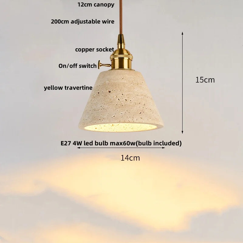 Afralia™ Wood Walnut LED Pendant Light Yellow Trivertine Stone Hanging Lamp