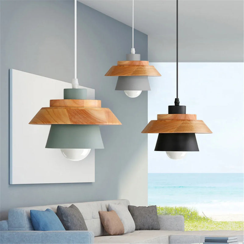 Afralia™ Modern Simplicity LED Pendant Light Iron Wooden Lamp for Living Room Restaurant