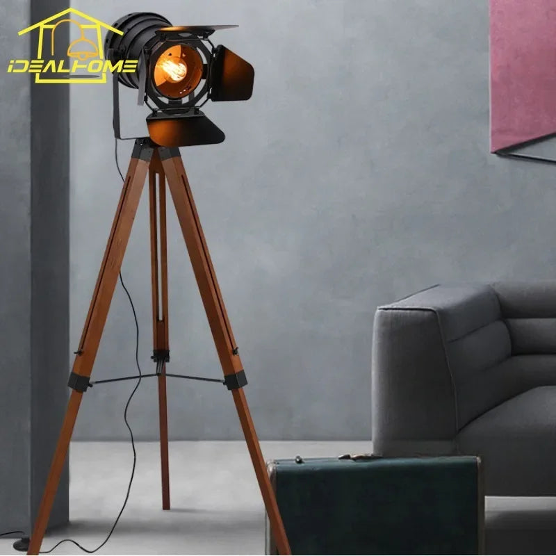 Afralia™ Vintage Industrial Wood Floor Lamp LED E27 Adjustable Exploration Standing Lamp