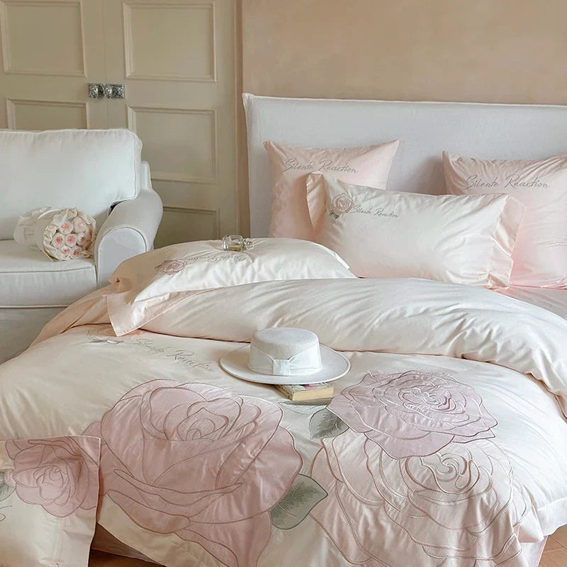 Afralia™ Pink Rose Applique Cotton Embroidery Bedding Set 500TC Soft Skin-friendly Duvet Cover