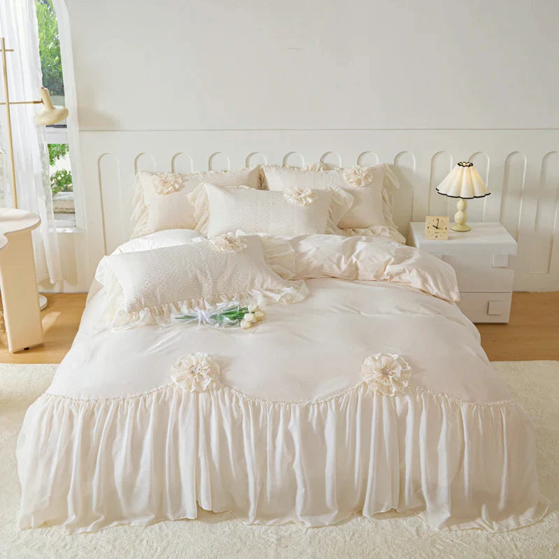 Afralia™ Princess Style Cotton Bedding Set with Flowers, Lace Ruffles, and Quilted Details