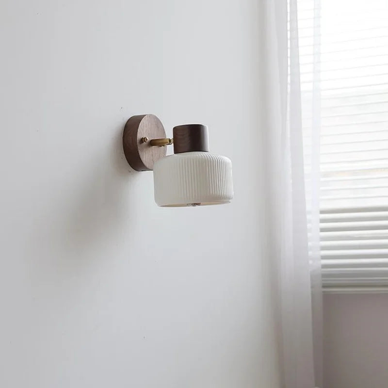 Afralia™ Walnut Wood LED Wall Sconce, Nordic Modern Bathroom Mirror Light, White Ceramic Rotate