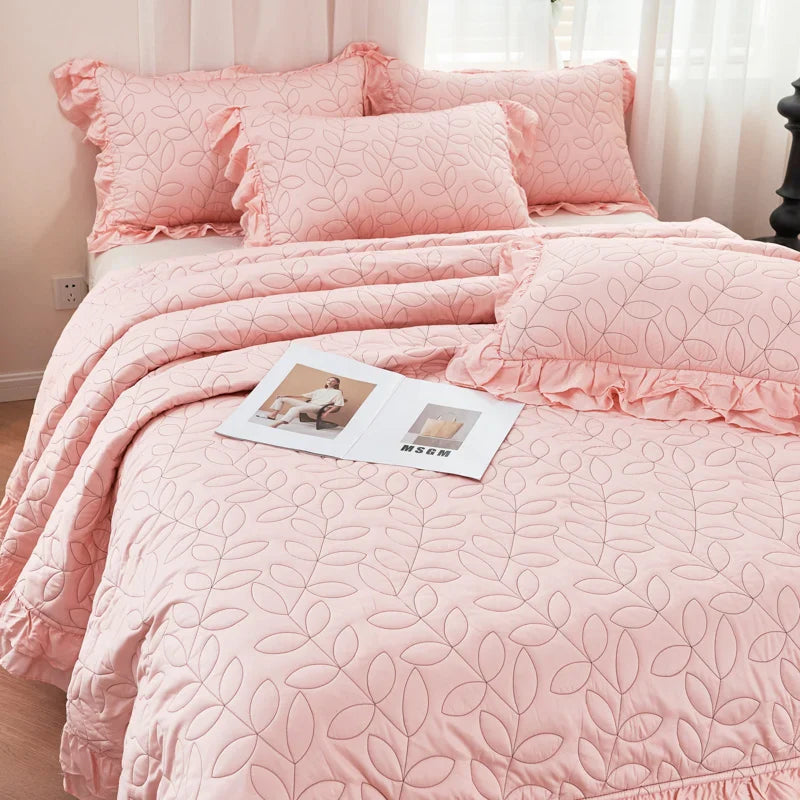 Afralia™ Leaf Embroidery Double Layer Lace Ruffles Quilt Set with Bedspread & Pillowcases