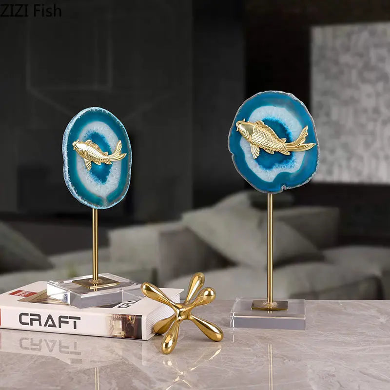 Afralia™ Blue Agate Golden Fish Statue on Crystal Base - Modern Room Decor