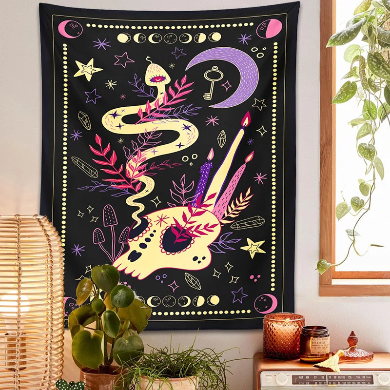 Afralia™ Tarot Mushroom Tapestry: Witch Hand Snake Moon Phase Botanical Moon Phase Mystery