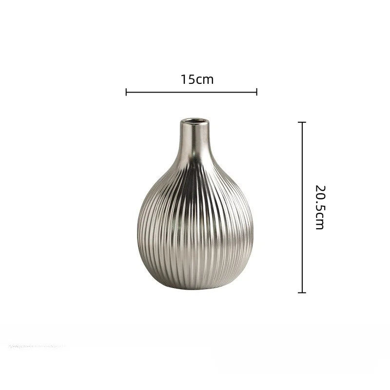 Afralia™ Silver Ceramic Vase with Fruits and Geometric Stripes